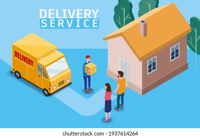 Isometric Express and Delivery. Courier shipping to couple woman and man a cardboard box. Free shipping, product goods 24 hour delivery. Delivery truck van, home, 3d vector isometric illustration