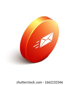 Isometric Express sobre icono aislado en fondo blanco. Símbolo de carta de mensaje de correo electrónico. Botón de círculo naranja. Ilustración vectorial