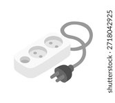 Isometric extension cord. Household multi socket, electric power outlet plug with different ports connectors 3d vector illustration. Electric extension cord