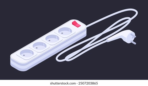 Isometric extension cord. Household multi socket, electric power outlet plug with different ports connectors 3d vector illustration. Electric extension cord