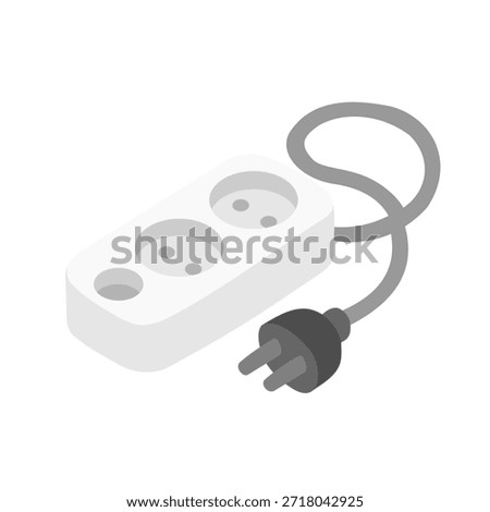 Isometric extension cord. Household multi socket, electric power outlet plug with different ports connectors 3d vector illustration. Electric extension cord
