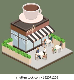 Isometric exterior of coffee shop or sweet-shop. People sit at the table and eating. Fence from plants. Flat 3D illustration. A large cup of coffee on the roof of the building