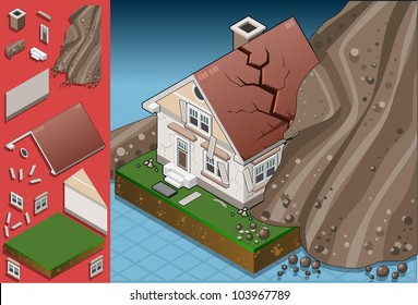 Isometric Exterior House Crack Landslide Disaster Avalanche Dangered Door Earthquake Hit Fireplace Windows Isometric House Vector 3D Illustration