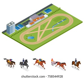 Isometric Exterior Racecourse and set Jockey on horse, Champion, Horse riding for Sport background. Stallion race track. Vector Illustration. Equestrian sport