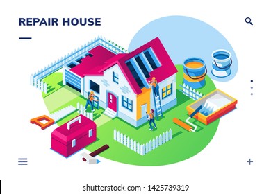 Isometric exterior view at home repair or house renovation, building restoration, maintenance. Smartphone application page with roofer and painter, repairman, toolbox, saw, hammer, roller, worker