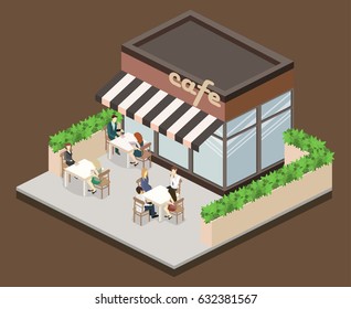 Isometric exteriorof coffee shop or sweet-shop. People sit at the table and eating. Fence from plants. Flat 3D illustration