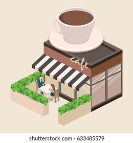 Isometric exteriorof coffee shop or sweet-shop. People sit at the table and eating. Fence from plants. Flat 3D illustration. A large cup of coffee on the roof of the building