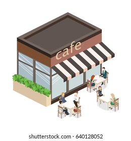 Isometric exteriorof coffee shop or sweet-shop. People sit at the table and eating. Fence from plants. Flat 3D illustration