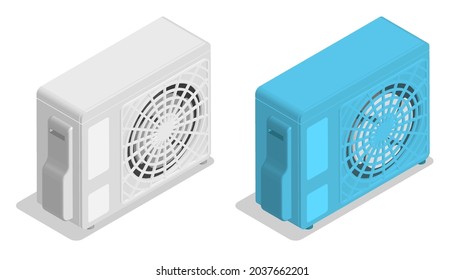 Isometric External Air Conditioner Unit With Fan. Room Cooling And Heating. Maintaining Comfortable Temperature In Office. Realistic 3D Vector Isolated On White Background