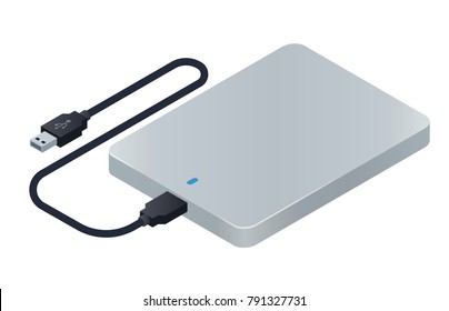 Isometric external hard drive. HDD with usb connector