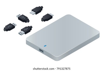 Isometric External Hard Drive. HDD With Usb Connector