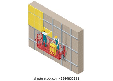 Isometrisches externes Wandisolierungssystem, Gebäudefassadenisolierwerk funktioniert. Styropor-Fassadenschichten. Arbeiter in Hardhat, der die Außenwand hält