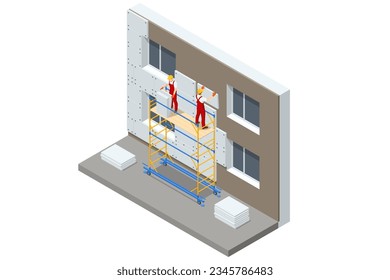 Isometrisches externes Wandisolierungssystem, Gebäudefassadenisolierwerk funktioniert. Styropor-Fassadenschichten. Arbeiter in Hardhat, der die Außenwand hält