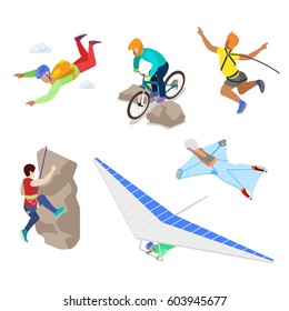 Isometric Extreme Sports People with Bungee, Skydiving and Parachuting. Vector 3d flat illustration