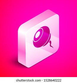 Isometric Eye icon isolated on pink background. Happy Halloween party. Silver square button. Vector Illustration