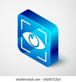 Isometric Eye scan icon isolated on white background. Scanning eye. Security check symbol. Cyber eye sign. Blue square button. Vector Illustration