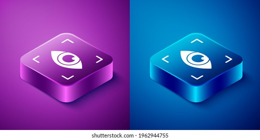 Isometrisches Auge scannt Symbol einzeln auf blauem und violettem Hintergrund. Scannen des Auges. Sicherheitsüberprüfungssymbol. Cyber-Augenzeichen. Knopf Quadrat. Vektorgrafik