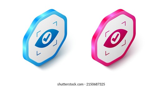 Isometrisches Auge scannt Symbol einzeln auf weißem Hintergrund. Scannen des Auges. Sicherheitsüberprüfungssymbol. Cyber-Augenzeichen. Hexagon-Taste. Vektorgrafik