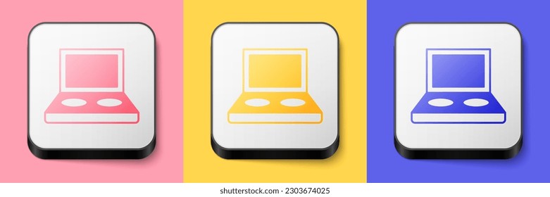 Isometric Eye shadow palette with brush icon isolated on pink, yellow and blue background. Square button. Vector