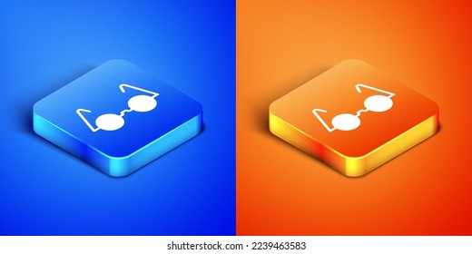 Isometric Eyeglasses icon isolated on blue and orange background. Square button. Vector