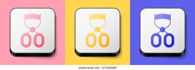 Isometric Eyelash curler icon isolated on pink, yellow and blue background. Makeup tool sign. Square button. Vector