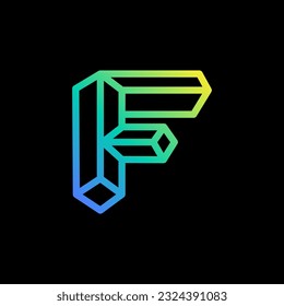 Isometric F letter logo. Neon lights emblem. Multicolor gradient impossible lines design. Cubic bright icon for blockchain labels, nightlife headlines, futuristic posters, NFT advertisement.