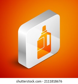 Isometric Fabric softener icon isolated on orange background. Liquid laundry detergent, conditioner, cleaning agent, bleach. Silver square button. Vector Illustration