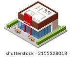 Isometric Facade of Fast Food Store Restaurant. Fast food restaurant building