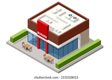 Isometric Facade of Fast Food Store Restaurant. Fast food restaurant building