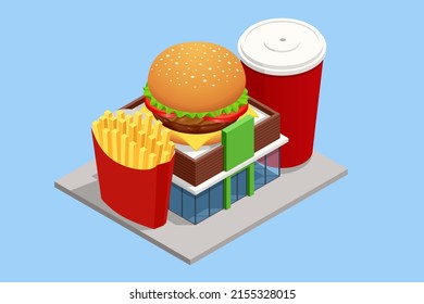 La fachada isométrica del restaurante de la tienda de comida rápida. Construcción de restaurantes de comida rápida