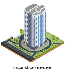 Isometric facade of a multi-storey buildin. Buildings and modern city houses. New residential buildings.