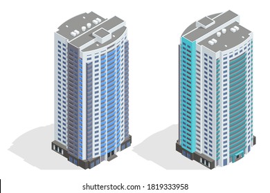 Isometric facade of a multi-storey buildin. Buildings and modern city houses. New residential buildings.