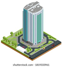 Isometric facade of a multi-storey buildin. Buildings and modern city houses. New residential buildings.