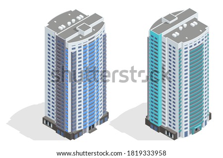 Isometric facade of a multi-storey buildin. Buildings and modern city houses. New residential buildings.