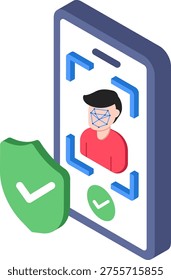 Isometric face recognition biometric illustration with face scan security and identity verification