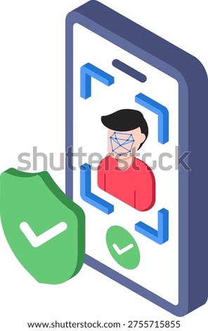 Isometric face recognition biometric illustration with face scan security and identity verification