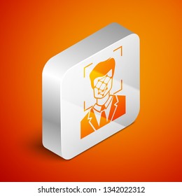 Isometric Face recognition icon isolated on orange background. Face identification scanner icon. Facial id. Cyber security concept. Silver square button. Vector Illustration