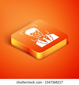 Isometric Face recognition icon isolated on orange background. Face identification scanner icon. Facial id. Cyber security concept.  Vector Illustration