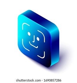 Isometric Face recognition icon isolated on white background. Face identification scanner icon. Facial id. Cyber security concept. Blue square button. Vector Illustration