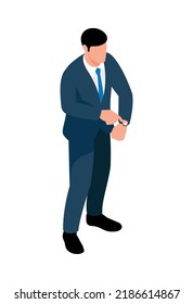 Isometric faceless businessman looking at his watch 3d vector illustration