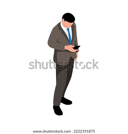 Isometric faceless character of businessman using smartphone 3d vector illustration