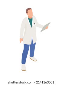 Isometric faceless character of male scientist or worker on white background 3d vector illustration