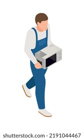 Isometric faceless character of serviceman in uniform carrying microwave oven 3d vector illustration