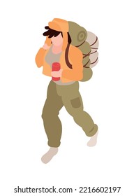 Isometric faceless homeless man with backpack and can 3d vector illustration