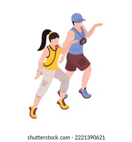 Isometric faceless human characters of tourists with camera 3d vector illustration