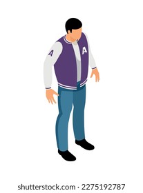 Isometric faceless man wearing sports jacket and jeans 3d vector illustration