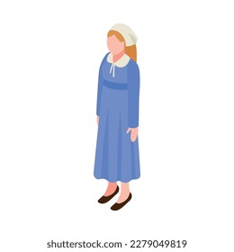 Isometric faceless nun character wearing blue dress vector illustration