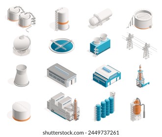 Isometric factories. Industrial buildings with production and warehouse, industrial estate with oil refinery and mill. Vector set. Water purification system, plants engineering and recycling