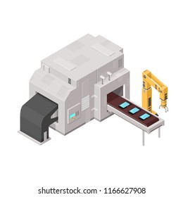 Isometric Factory Assembly Machine
Vector Production Line With Robot Arm.