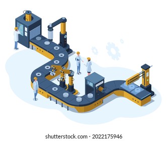 Isometric factory automated mechanised conveyor line. Industrial automated robotic conveyor, production 3d line vector illustration. Electronic factory assembly line with plant workers